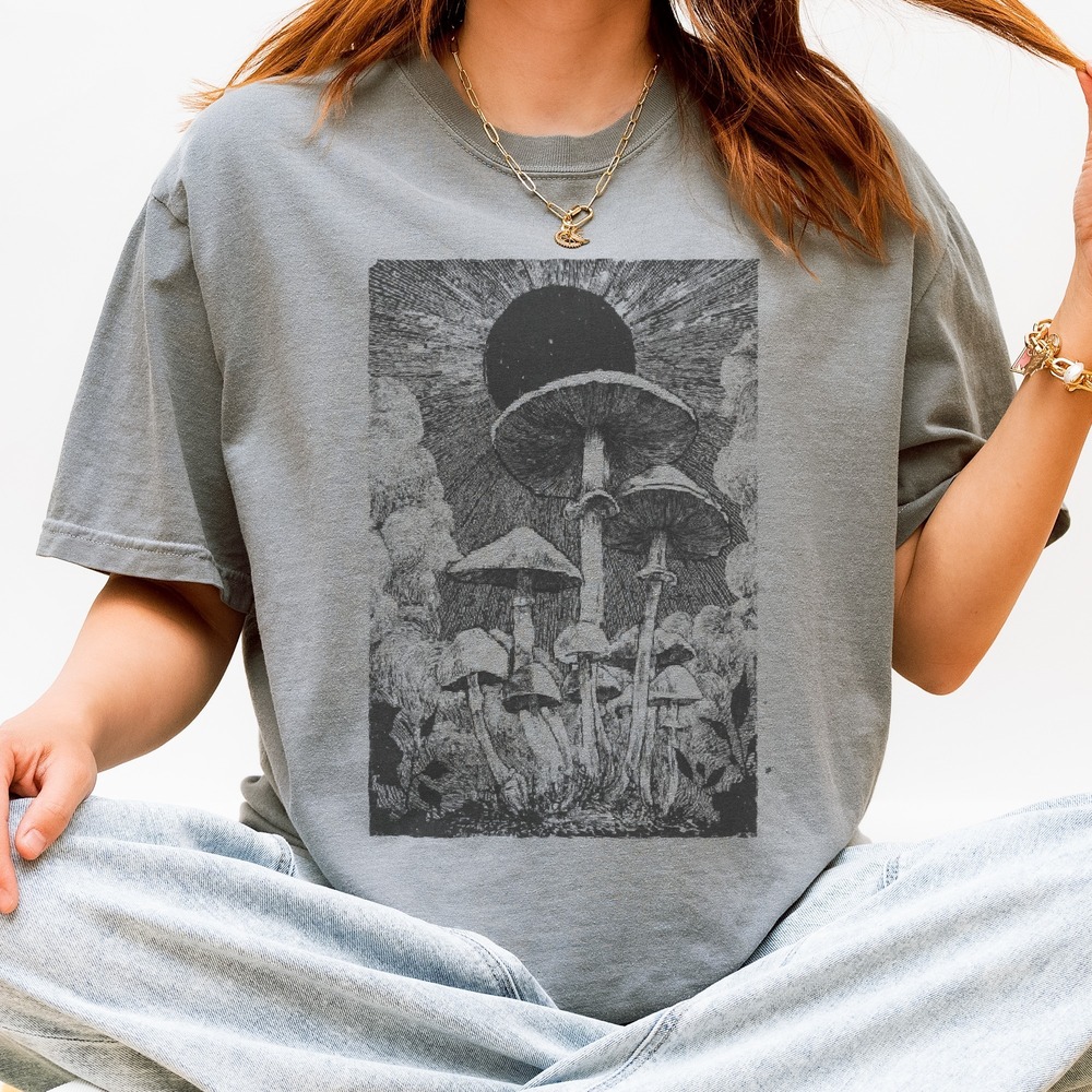 Mystical Mushroom Moon Graphic Tee Black and White Engraving Style